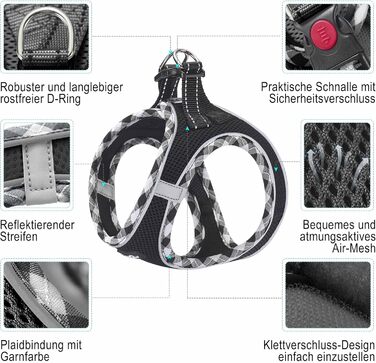 Нашийник та поводок для собак Haapaw, без натягу, регульований, світловідбиваючий, Step-in, для цуценят, з м'якою підкладкою, для дуже маленьких/маленьких/середніх собак, блакитний (чорний, XL (обхват грудей 50.8-59.6 см, вага 8.2-12.7 кг))