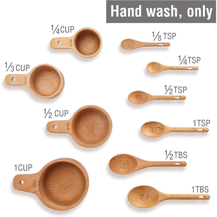 Набір мірних ложок та чашок з дерева, 10 шт. для випічки та приготування їжі, бук, ручна робота
