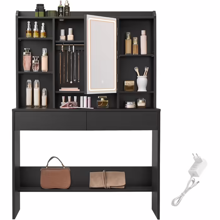 VASAGLE Vanity Table with LED Lighting, 3 Colors with Adjustable Brightness, Dressing Table with Mirror, Makeup Table with Adjustable Shelves, 2 Drawers, Modern, White RDT123T14 (Ink Black)