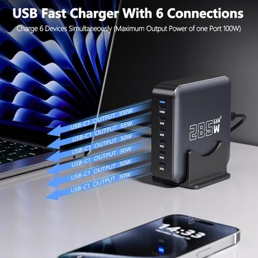Зарядний пристрій USB-C GaN 285W, 6 портів: Швидка зарядка PD+QC для ноутбуків, MacBook, iPhone 16, Galaxy S23 та інших
