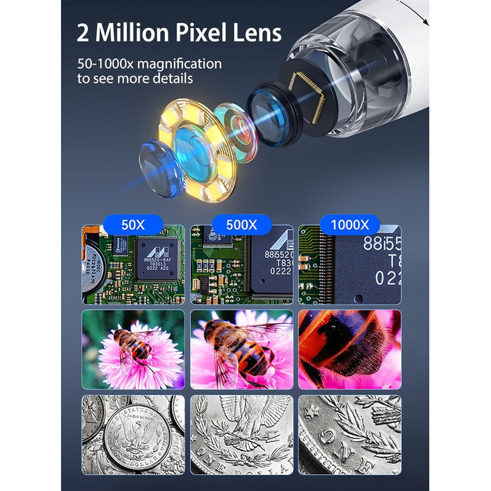 Цифровий мікроскоп AOPICK з LCD екраном, роздільна здатність 50X-500X, 4.3-дюймовий 1080P USB мікроскоп з 8 регульованими LED-лампами, для ПК, дорослих/дітей, сумісний з MacOS Windows (темно-сірий)