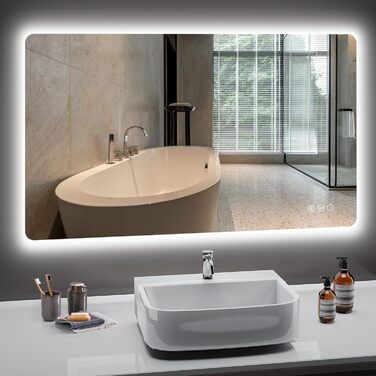 Дзеркало для ванної кімнати з підсвічуванням LED, 100x60 см, 3 кольори світла, регулювання яскравості, пам'ять, сенсорне управління, IP44, захист від вологи