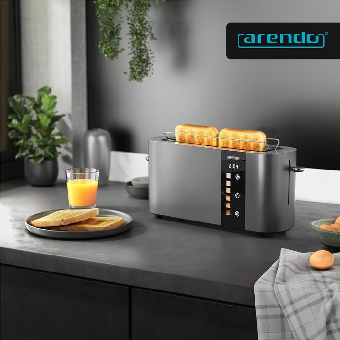 Тостер Arendo з нержавіючої сталі, 2 відділення, довгий проріз, сенсорний дисплей, подвійні стінки, насадка для тостів, 6 ступенів підсмажування, центрування хліба, індикатор часу, функція пам'яті, чорний (B: Cool Grey)