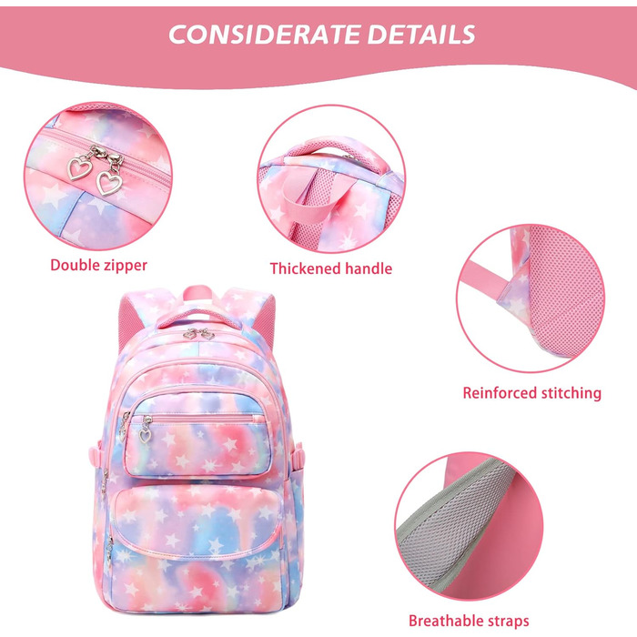 Шкільний рюкзак Tanou для дівчаток 3 шт. з ланч-боксами та пеналом, дихаючий, легкий, 22 л, для 3-9 класів, фіолетовий (рожева зірка)
