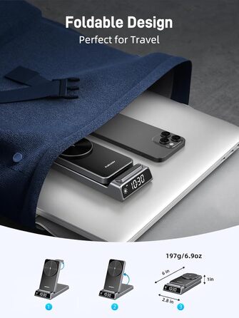 Зарядна станція 3-в-1 бездротова для iPhone, Apple Watch, AirPods, з годинником, для подорожей