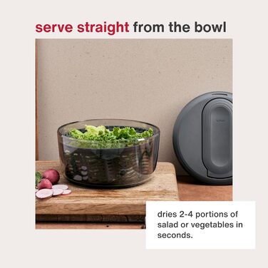 Салатниця-сушарка Zyliss Swift Dry 6L з кришкою, BPA-free, неслизьке дно, AquaVent™ технологія, кнопка стоп, придатна для миття в посудомийній машині (Сірий, Компактна)