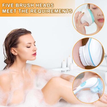 Electric Body Brush Bath Brush Back Brush With 5 Attachments: Long-Handled Back Brush IP67 Waterproof 3 Speed Spin Cleaning Brush for Spa Shower Exfoliating Massage Brush (Green)