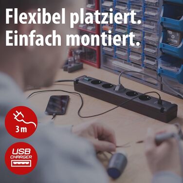 Смуга розеток Brennenstuhl Bremounta 5-портова з USB-зарядкою, чорна, з вимикачем, поворотні розетки 90°, 3м кабель