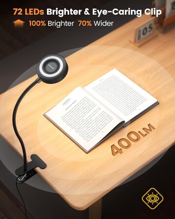 Світлодіодна приліжкова лампа Glocusent з кліпсою, 72 LED, 3 кольори світла, 5 рівнів яскравості, нічник, таймер, захист очей, для читання, роботи (чорна з пультом)