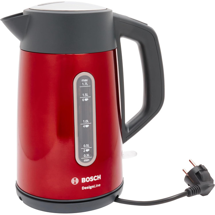 Електричний чайник Bosch DesignLine TWK4P434, 1.7 л, червоний: без розбризкування, індикатор рівня води, захист від перегріву