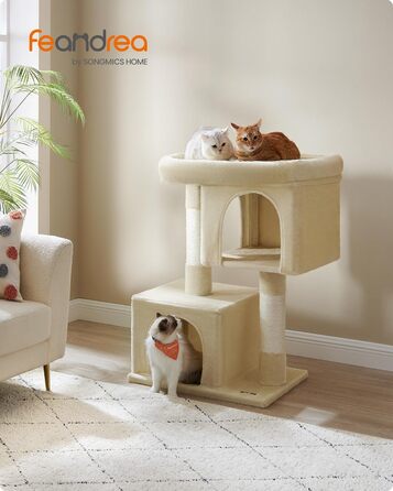 Feandrea Cat Tree, 84 cm Cat Tree, L, Cat House for Large Cats up to 7 kg, Large Platform, 2 Cat Caves, Sisal Posts, PCT61W (XL (68 x 48 x 101 cm), Beige)
