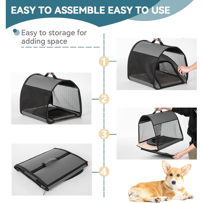 Складана переноска для собак та котів Petsfit сірого кольору S, з м'яким килимком та анти-відкривальною блискавкою