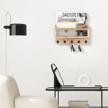 Brief and key holder for wall decoration, 27.9 cm (11 inches) wooden wall key organizer with 5 key hooks, wall mount, storage shelf for entryway, hallway (white) (wood)