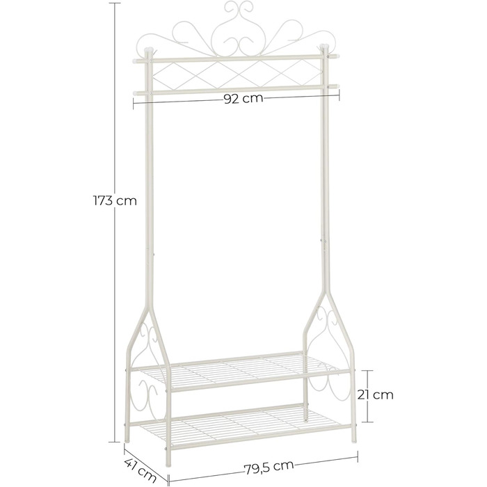 SONGMICS Vintage Style Clothes Rack Wardrobe Clothes Rail with Clothes Rod and 2 Shelves made of Metal 92 x 173 x 41 cm (W x H x D), Cream White, HSR07W