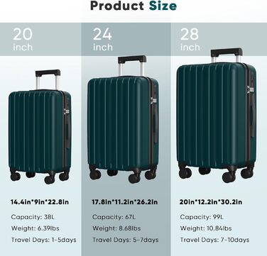 Набір валіз SHOWKOO 2 шт. з жорстким корпусом, 65см+75см, розширюваний, ультралегкий, полікарбонат, з TSA замком та 4 колесами (темно-зелений, XL/75см)