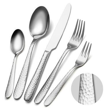 Набір столових приборів EIUBUIE 30 предметів з нержавіючої сталі, молоткова текстура, для 6 осіб. Столові прибори з ножами, вилками та ложками, поліровані, для дому та вечірок, можна мити в посудомийній машині, сріблястий колір.