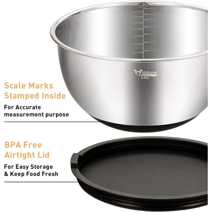 Mixing Bowls 5-Piece Set, Wildone Stainless Steel with Airtight Lids, 3 Grater Attachments, Measuring Markings, and Non-Slip Bottoms, Sizes 5, 3, 2, 1.5, 0.63 QT, ideal for mixing and serving