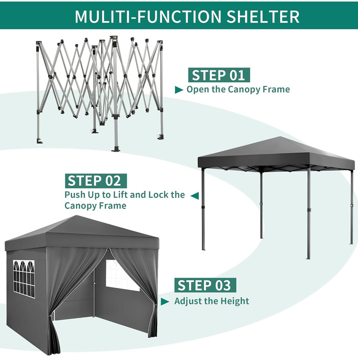 YITAHOME Outdoor Pop-Up Gazebo with Sides, Folding Gazebo, Waterproof Foldable Garden Gazebo for All Seasons, Camping Gazebo, Anti-UV with Free Adjustable Height for Parties, Markets (Dark Gray, 3x3m)