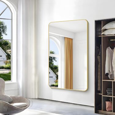 Дзеркало для ванної кімнати BONEWEI, 61 x 121,9 см, прямокутне, для монтажу на стіну, з рамою, косметичне дзеркало з округлими кутами, для спальні, вітальні, передпокою, горизонтальне (Золотий, 150x90 см)