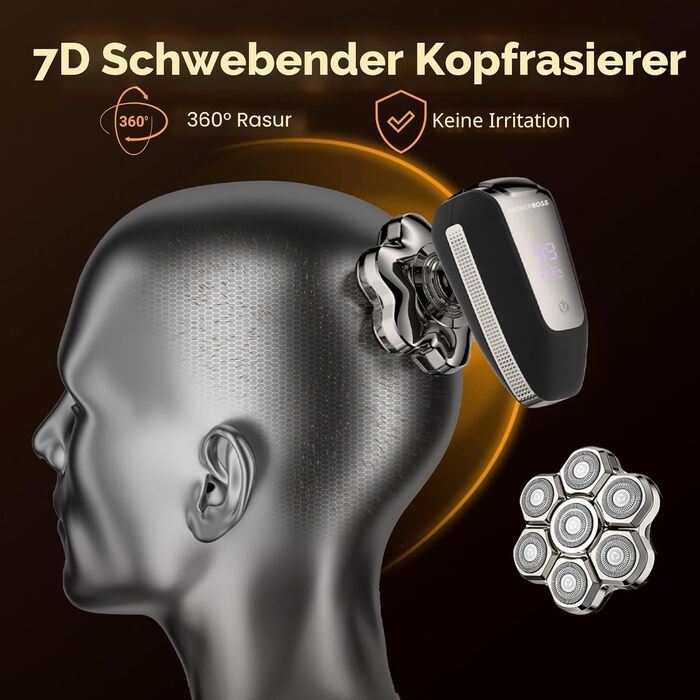 BarberBoss QR-2025 Електричний Роторний Бритва для Гоління Голови 7D, 5-в-1 з LED-дисплеєм, Триммер для Бороди та Носа, Набір для Догляду за Обличчям