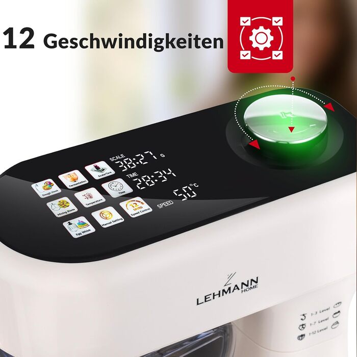 Кухонна машина Lehmann з дисплеєм, 1500 Вт, 12 швидкостей, функція ферментації з підігрівом, вбудовані ваги, таймер, чаша 5 л та 3 насадки-мішалки, Бежевий