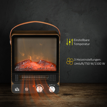 Електрокамін HOMCOM потужністю 750/1500 Вт з ефектом полум'я, захистом від перегріву, тихим режимом роботи, регульованою підлогою та зручною ручкою для затишних вечорів.