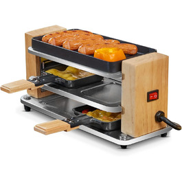 Електричний міні-гриль Raclette COKLAI на 2 особи, антипригарна рифлена пластина, 2 сковорідки та дерев'яна лопатка, 300 Вт, натуральне дерево