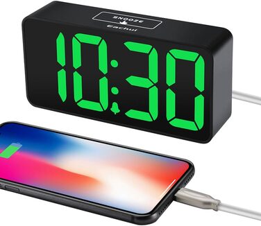 LED-годинник Eachui з USB-зарядкою, великий дисплей, регулювання яскравості та гучності, повтор, 12/24 год, цифровий годинник, живлення від мережі (чорний & білий)