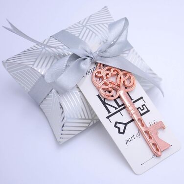 Makhry 50 Pcs Vintage Key Bottle Openers Wedding Key Skeleton Key Bottle Openers Wedding Favors Set with Pillow Boxes and Label (Rose Gold)