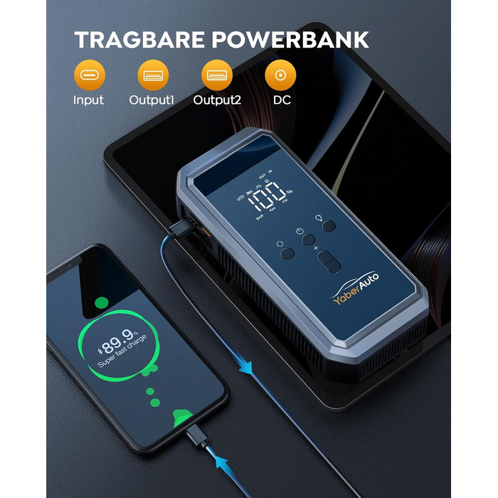 Портативний пусковий пристрій YaberAuto YA70 з компресором 150 PSI, акумулятором 21800 mAh та світлодіодним ліхтарем 300 люменів. 4-в-1: пусковий пристрій, павербанк, компресор та ліхтар з LCD екраном.