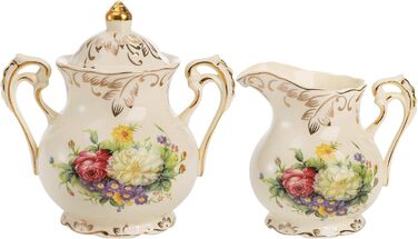 Foreigner's Zucker and Milchkännchen Set, Porcelain Ivory Coffee Serving Set Blossom Bushes Pattern Golden Leaves Edge Cream Pitcher and Sugar Bowl with Lid