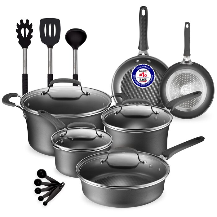 Набір посуду 14 предметів з антипригарним покриттям Cookware Set – каструлі з кришками, сковороди для газових, електричних, керамічних та індукційних плит – чорний колір