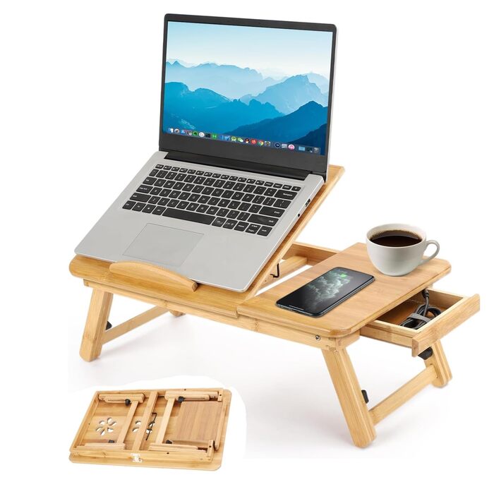 Стіл для ноутбука з бамбука, 50x30 см – регульований столик для ноутбука з вентиляційними отворами, ящиком та складними ніжками для роботи, читання або сніданку