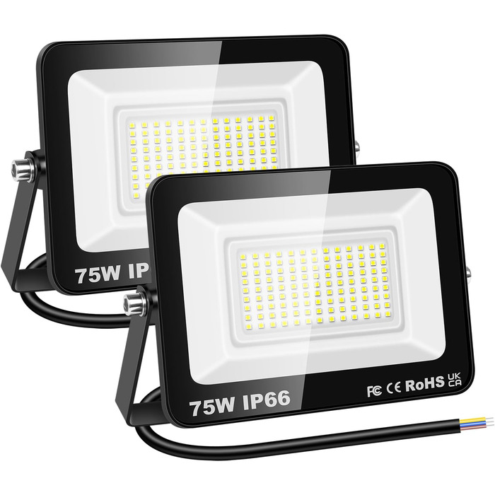 RIGIDON 2x 75W LED Floodlights Outdoor, 7500LM Outdoor Floodlight, 6000K Cool White IP66 Waterproof LED Floodlight, Outdoor Lamp for Garden, Courtyards, Garage, Hotel, Sports Field, Workshop
