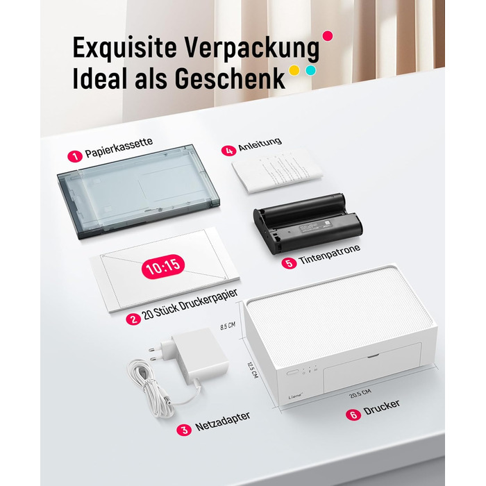 Портативний фотопринтер Liene для смартфонів (10x15 см) + комплект з 2 пачок фотопаперу (20+80 аркушів), WiFi, сублімаційний друк, сумісний з iPhone/Android/PC, 300DPI, білий