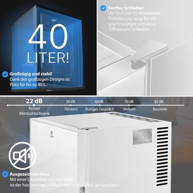 Міні-холодильник KESSER® 40L з дверцятами з прозорим склом - ідеальний для дому, офісу, кемпінгу. Безшумний, з підсвіткою та відкривачем для пляшок.