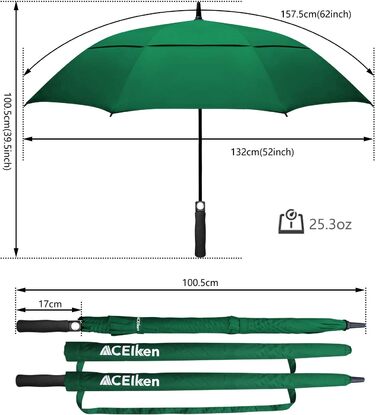 Вітростійкий парасолька великого розміру XL/XXL з автоматичним відкриванням та подвійним вентиляційним отвором - високоякісний тростиночний парасолька для жінок та чоловіків, ідеальний як гольф-парасолька (темно-зелений, 62 дюйми/157 см)