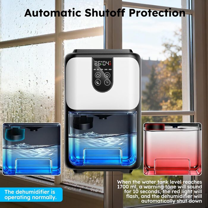 Електричний осушувач повітря 1800 мл з автовимкненням, тихий осушувач для дому з 7 кольоровою підсвіткою, таймером 48 годин - ідеальний для спальні, ванної кімнати, підвалу, кемперу та шафи. Сірий колір.