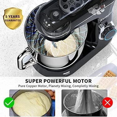 Stand Mixer, 1300W Zurio 5.5L Stand Mixer, 10-Speed Robot Mixer with Quiet Kneading Function, Includes Accessories: Dough Hook, Whisk, Black Mixer