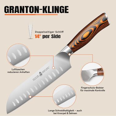 TUO Santoku ніж: професійний японський ніж з нержавіючої сталі, 18 см, ергономічна ручка з паккавуду, серія Fiery Phoenix