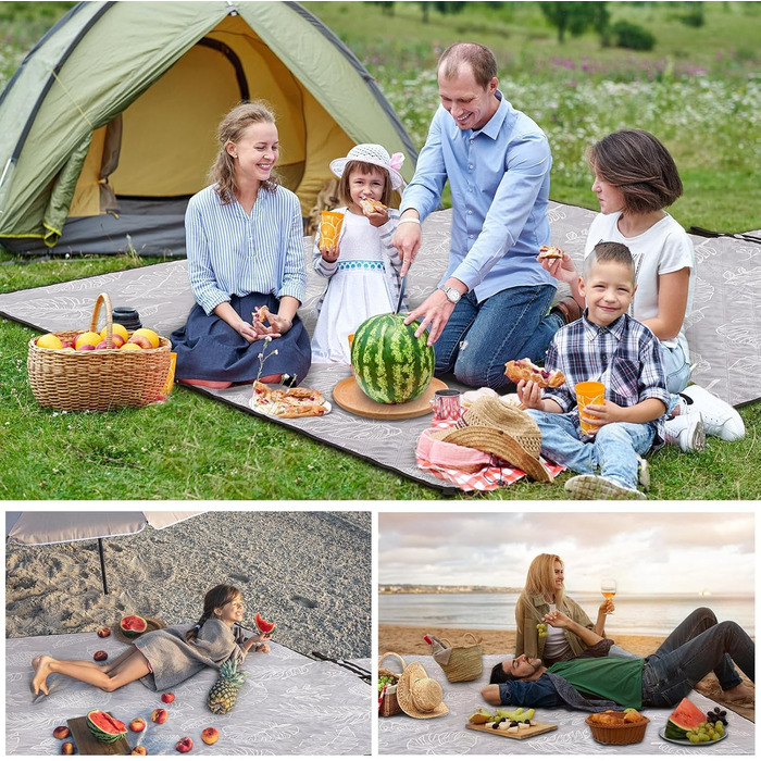 Плед для пікніка HAUSPROFI 200x300 см, водонепроникний, ізольований, XXL. Для пікніка, пляжу, кемпінгу. З бавовняним наповнювачем, ручкою для перенесення та кілочками. Змивний, зберігає форму (листя, 200x300 см)