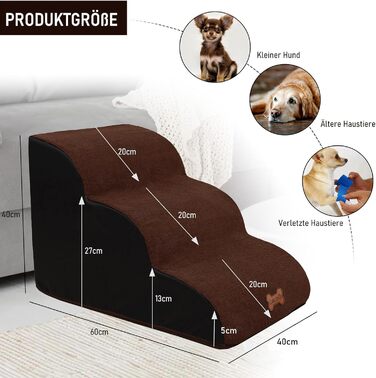 Сходинки для собак Caliyo 3 ступені, для маленьких собак та котів, 40 см, знімний чохол, антиковзаюча поверхня, для ліжка, дивану, авто (60×40×40см), коричневі