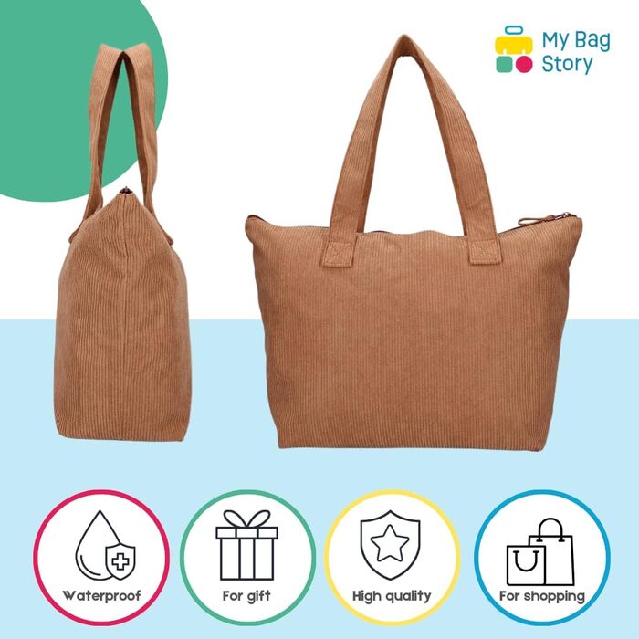 mybagstory - Corduroy Mickey Mouse Brown Tote Bag – Women – Teenager – Beach – Shopping – School – College – Size 48 cm – Suspenders, Brown Mickey Mouse, One Size