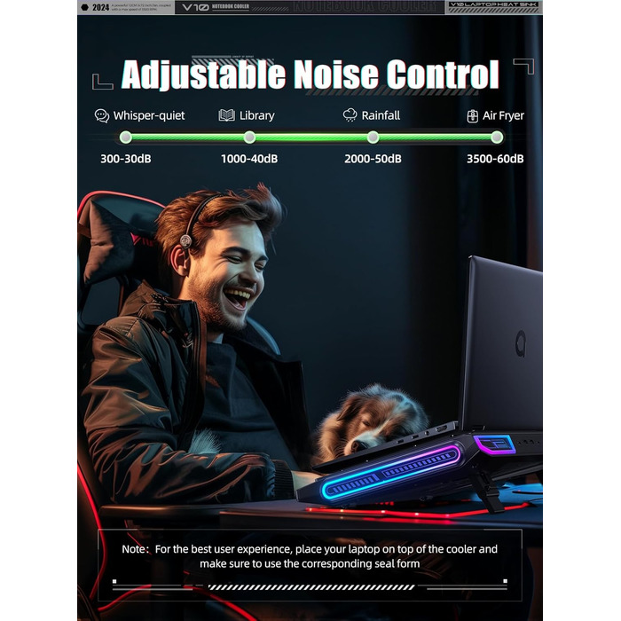 Підставка охолодження для ноутбука RGB з потужним вентилятором 4.72'', швидке охолодження для комп'ютерів 13-17,3'', керування клавішами, 3 регульовані підставки, 4-портовий USB C&A, чорний