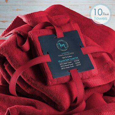 Набір рушників для ванної Hearth & Harbor, 100% бавовна, 10 шт, червоні, м'які та дуже вбираючі, розкішні банні рушники, 2 банних, 2 для рук, 6 серветок