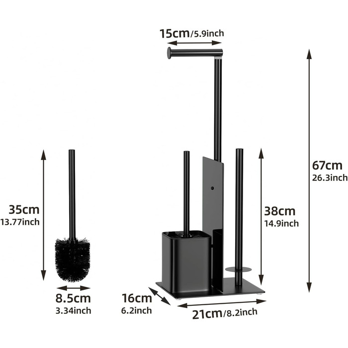 Stainless Steel Toilet Paper Holder with Brush - Standing Toilet Paper Roll Holder & WC Brush Set with Glass Shelf (Matte Black)