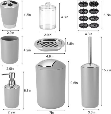 Набір аксесуарів для ванної кімнати Fixwal 8 шт. з пластику (сірий): мülleimer, тримач для зубних щіток, мильниця, диспенсер для мила, тримач для туалетного паперу, диспенсер для ватних паличок