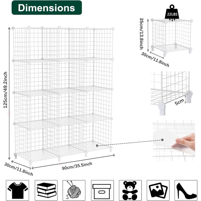 AWTATOS Regal 12 Regal Wire Cube Stackable Shelf Cube DIY Metal Grid Shelf Cube Bookshelf Cube Shelf With Doors For Living Room, Bedroom, Bathroom USCIH12BE (Large, White)