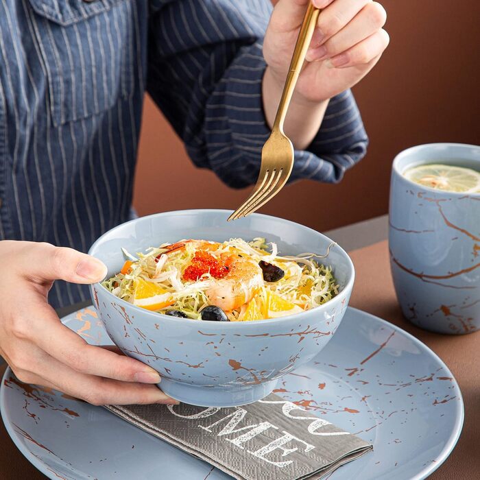 LOVECASA Сервіз столовий порцеляновий, 48-штучний набір посуду Sweet 16, сервіз для їжі з золотим декором, для 4-12 осіб, лавандовий колір