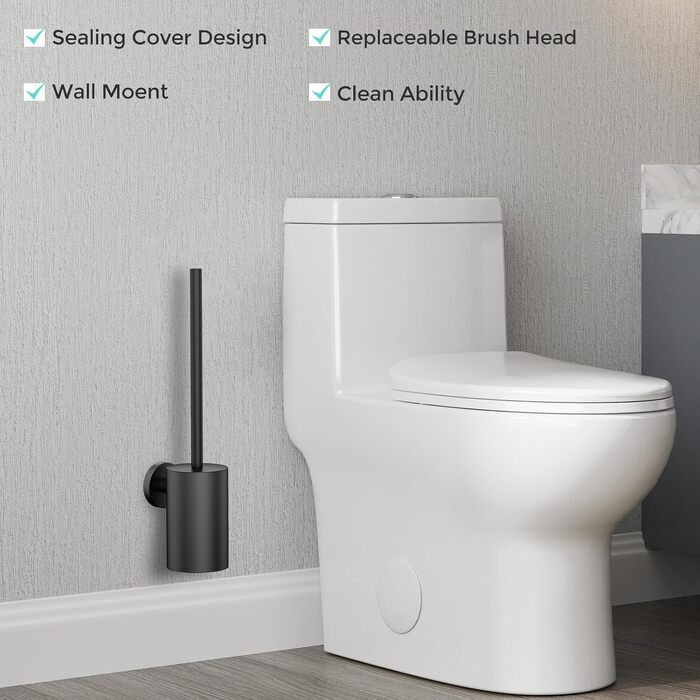 Щітка для унітазу WAVEWO з кріпленням на стіну, силіконова щітка та тримач, квадратна щітка з нержавіючої сталі 304, включає 2 насадки (круглі чорні)